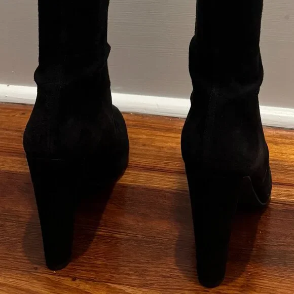Stuart Weitzman Black Suede Gold Heel Accent Pull-on Boots, 9M - Picture 6 of 13